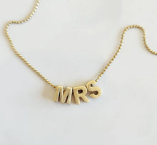 Load image into Gallery viewer, Sara Sela Jewelry - MRS Brass Block Letter Charm Beaded Necklace for Brides: 18"