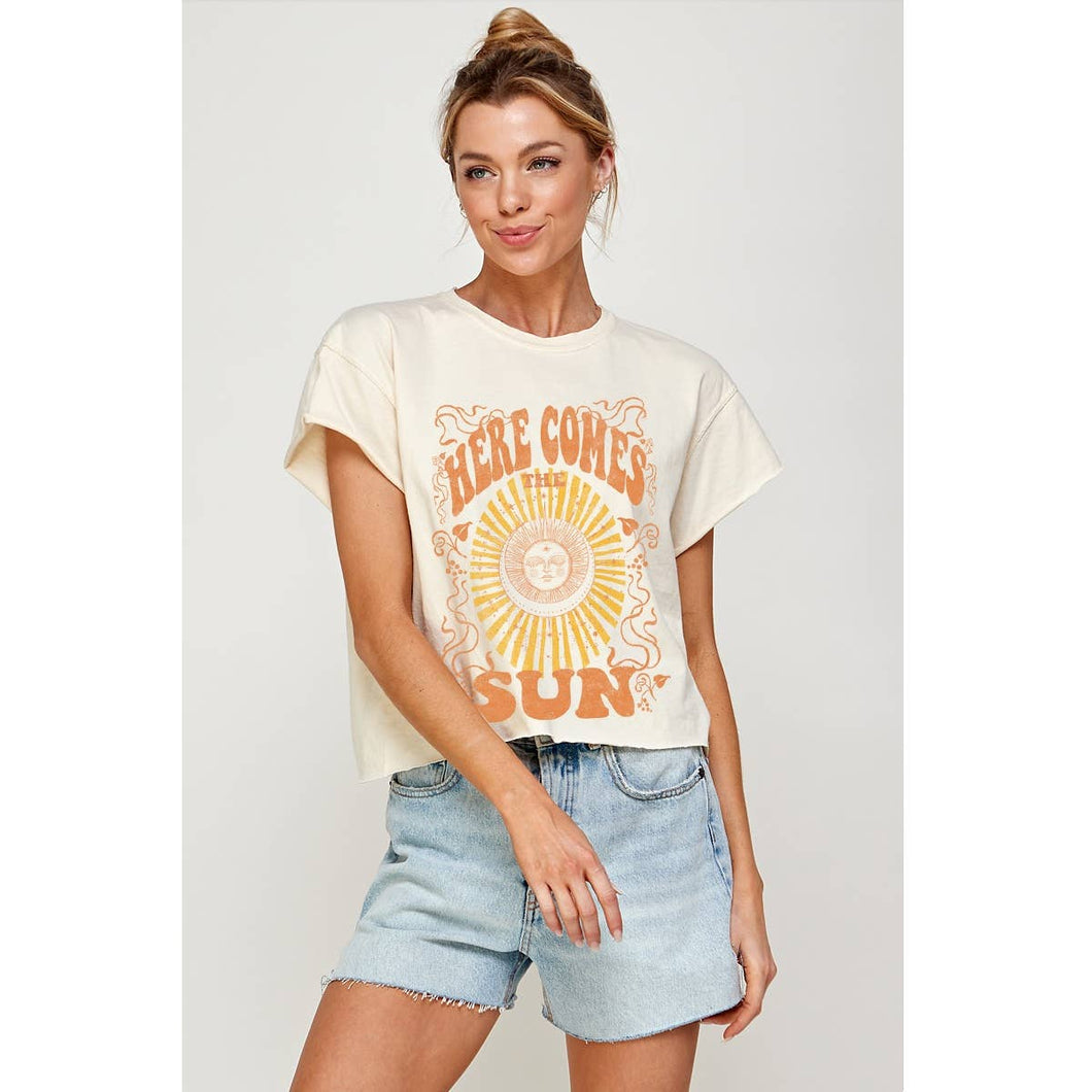 Illustrated Society - HERE COMES THE SUN  GRAPHIC CROP TOP: IVORY / S