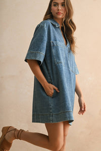 MIOU MUSE V-NECK DENIM TUNIC DRESS