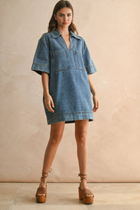 MIOU MUSE V-NECK DENIM TUNIC DRESS