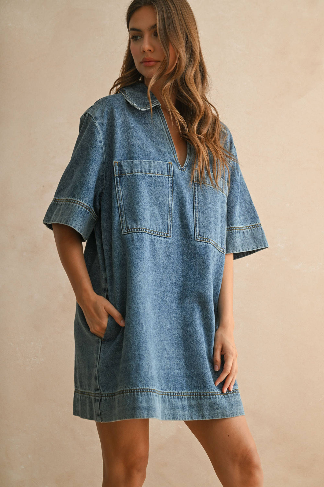 MIOU MUSE V-NECK DENIM TUNIC DRESS