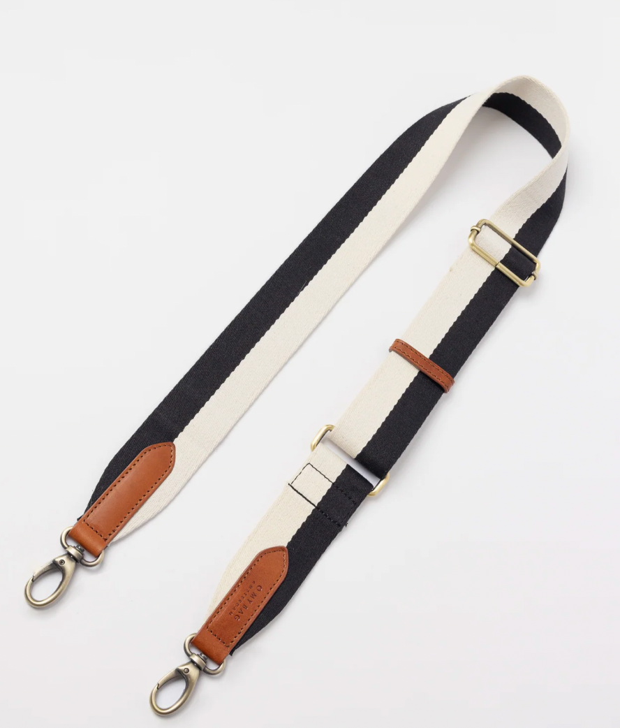 O My Bag- Striped Webbing Strap- black/white Cognac Leather