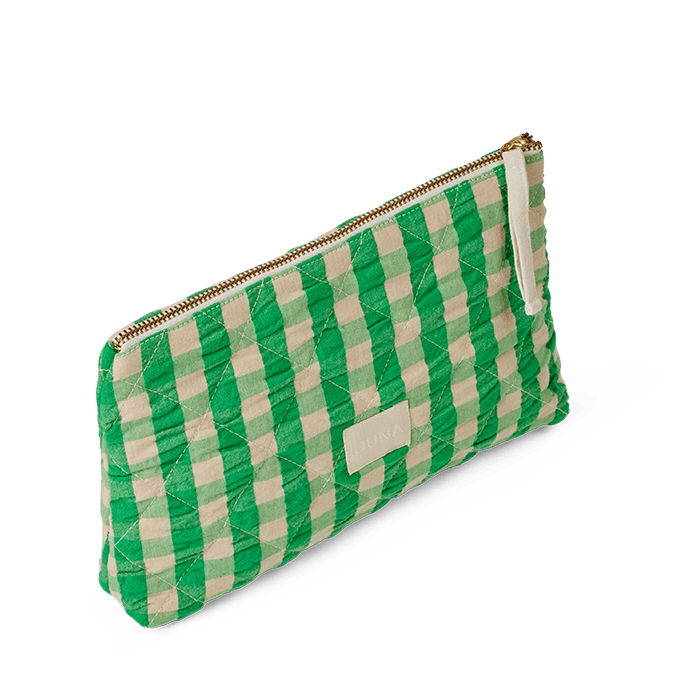 JUNA - Quilted Cotton Makeup Bag: Green/Sand