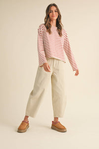 MIOU MUSE - STRIPED PATTERN LONG SLEEVE TOP: WHITE/NAVY