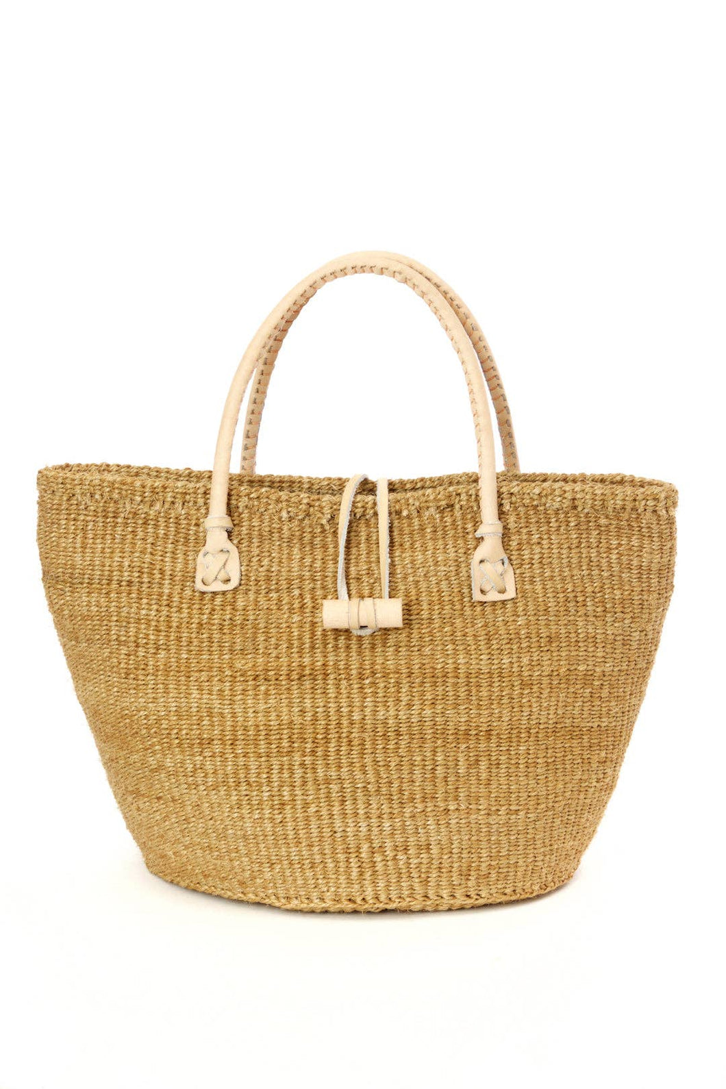 Classic Khaki Sisal Handbag with Leather Handles